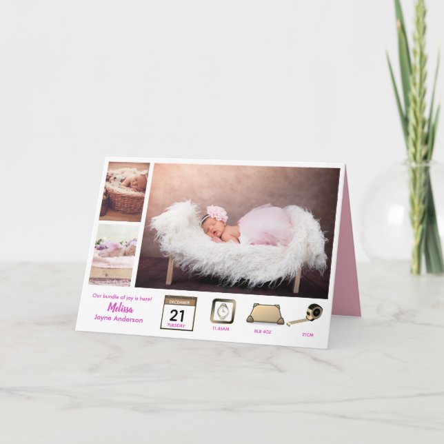 Baby STATS GIRLs BIRTH ANNOUNCEMENT PHOTO COLLAGE (Front)