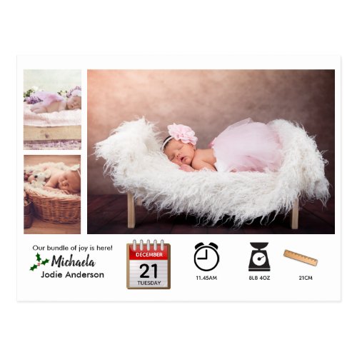 BABY STATS ICONS and PHOTO XMAS Birth Announcement Postcard