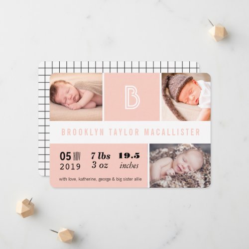 Baby Stats Monogram Pink Color Blocks Photo Birth Announcement