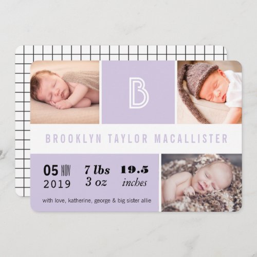 Baby Stats Monogram Purple Color Block Photo Birth Announcement