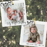 Baby Stats My First Christmas Photo Ceramic Ornament<br><div class="desc">Celebrate your little one with this square Christmas ornament. The front highlights a large photo, accented with a black doodle swag of pine greenery and hanging ornaments in the top left corner, slightly overlapping the image for a casual hand-drawn look. In the center, the phrase “My First Christmas” appears in...</div>
