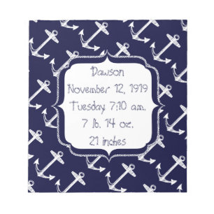 Baby Stats Nautical Navy Anchor Pattern Notepad