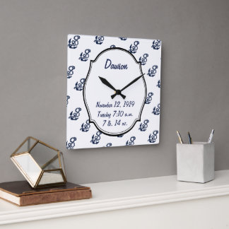 Baby Stats Nautical Navy Anchor Pattern Square Wall Clock