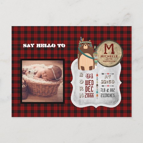 BABY STATS PHOTO Announcement Buffalo Plaid Bear Postcard