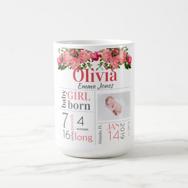 Baby Stats Photo Pink and Peach Flower Design Coffee Mug (Center)