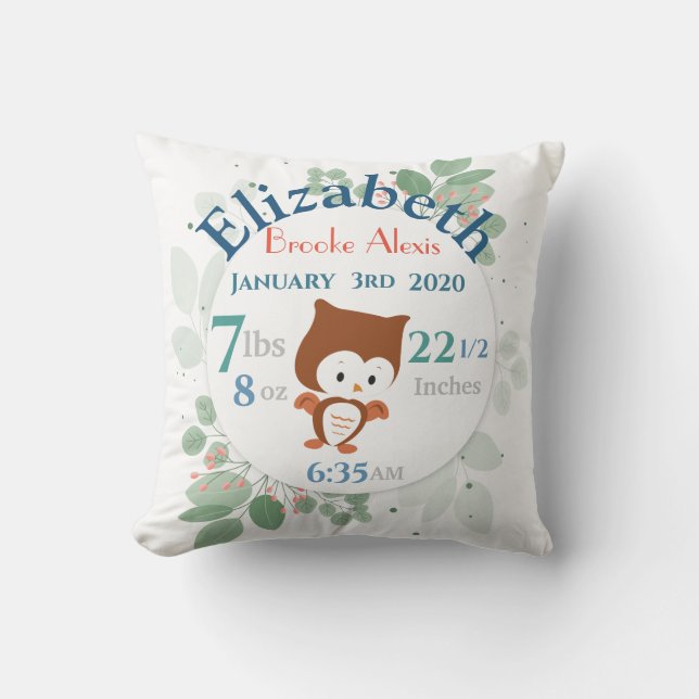 Baby Stats with Owl and Green Leaves Border Throw Pillow (Front)