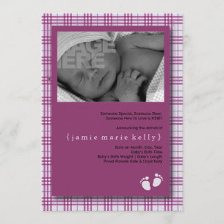Baby Steps Birth Announcement -Light Purple Plaid