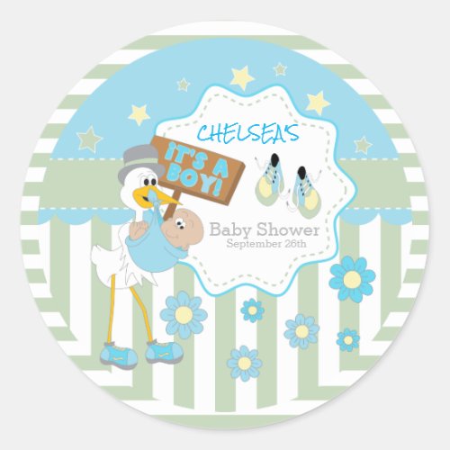 Baby Stork Baby Boy Shower Classic Round Sticker