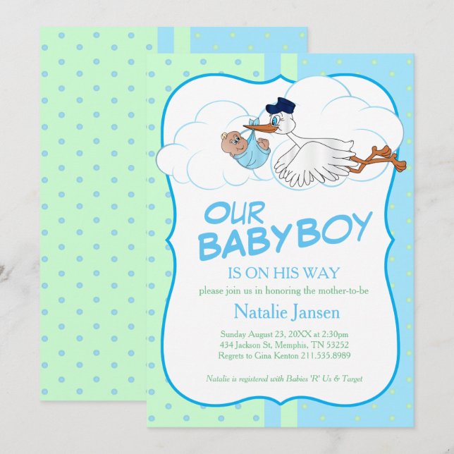 Baby Stork with a Cute Little Baby Boy Invitation (Front/Back)