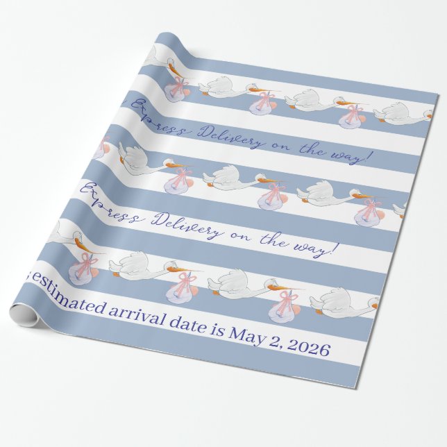 Baby Stork Wrapping Paper Blue & White Stripe  (Unrolled)