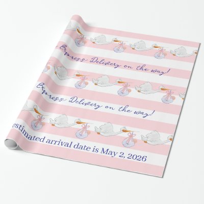 Baby Stork Wrapping Paper Pink &amp; White Stripe 