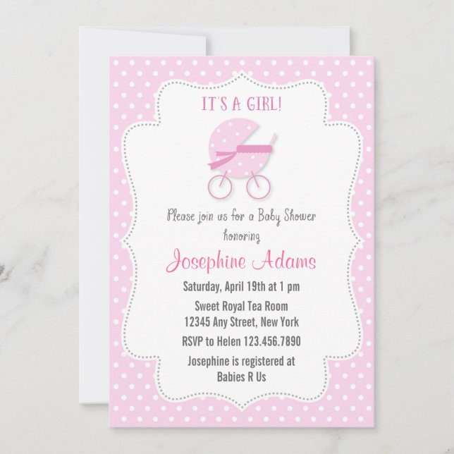 Baby Stroller Baby Shower Invitation Pink (Front)