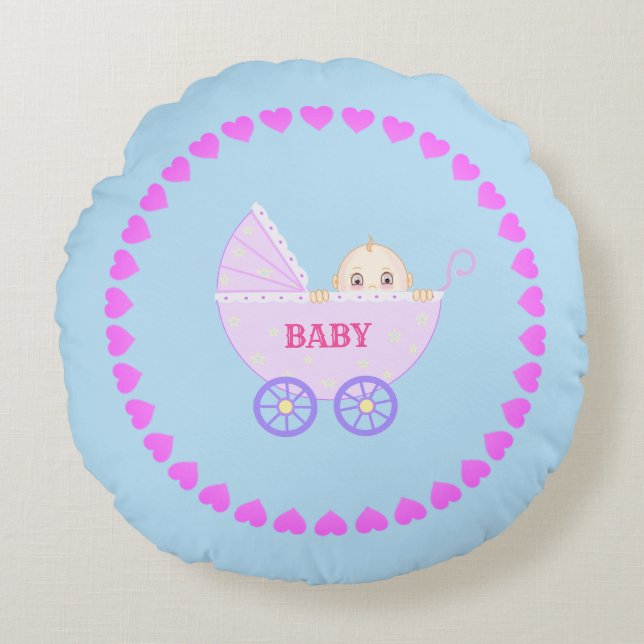 Baby Stroller & Hearts Round Pillow (Front)