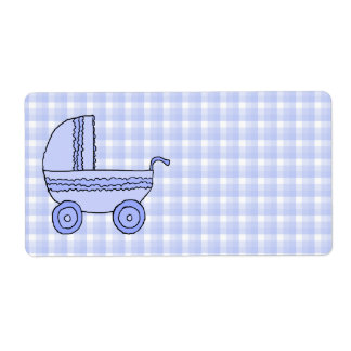 Baby Stroller. Light Blue on Check Pattern. Label