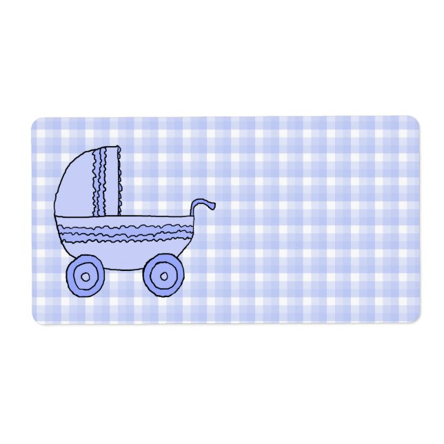 Baby Stroller. Light Blue on Check Pattern. Label (Front)