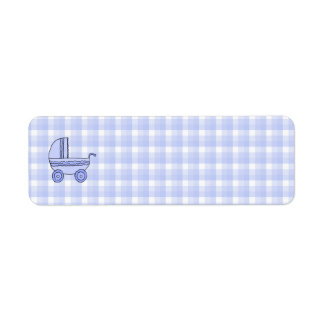 Baby Stroller. Light Blue on Check Pattern. Label