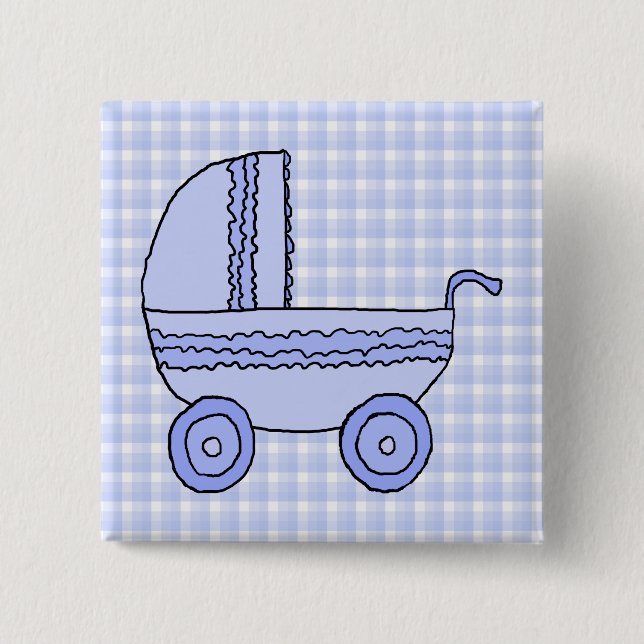 Baby Stroller. Light Blue on Check Pattern. Pinback Button (Front)