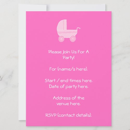 Baby Stroller. Light Pink and Bright Pink. Custom Invite