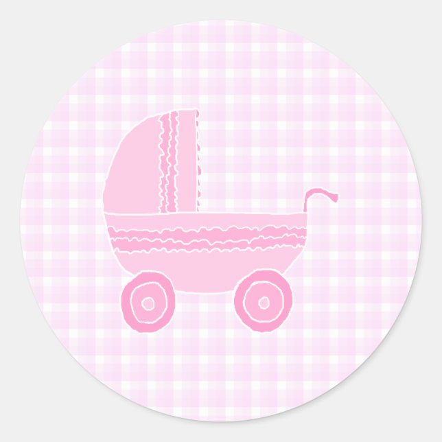 Baby Stroller. Light Pink on Pink Gingham. Classic Round Sticker (Front)