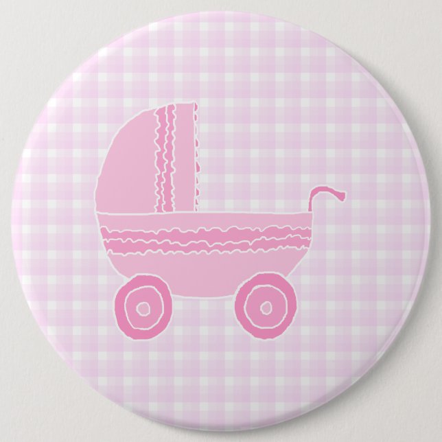 Baby Stroller. Light Pink on Pink Gingham. Pinback Button (Front)