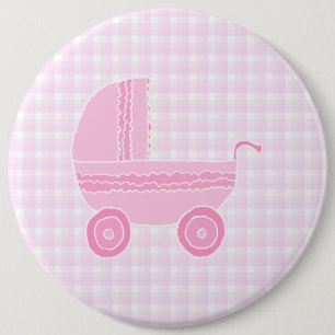 Baby Stroller. Light Pink on Pink Gingham. Pinback Button