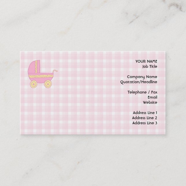 Baby Stroller. Pink and Yellow on Pink Check. Business Card (Front)