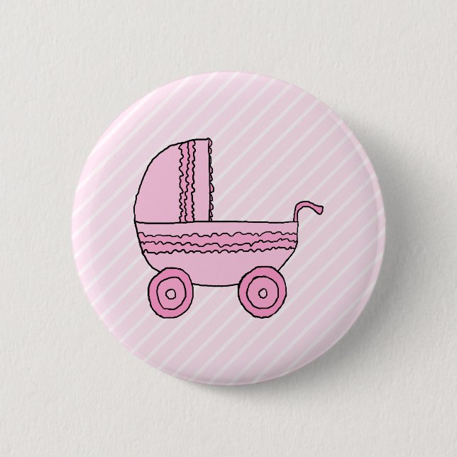 Baby Stroller. Pink on Light Pink Stripes. Button (Front)