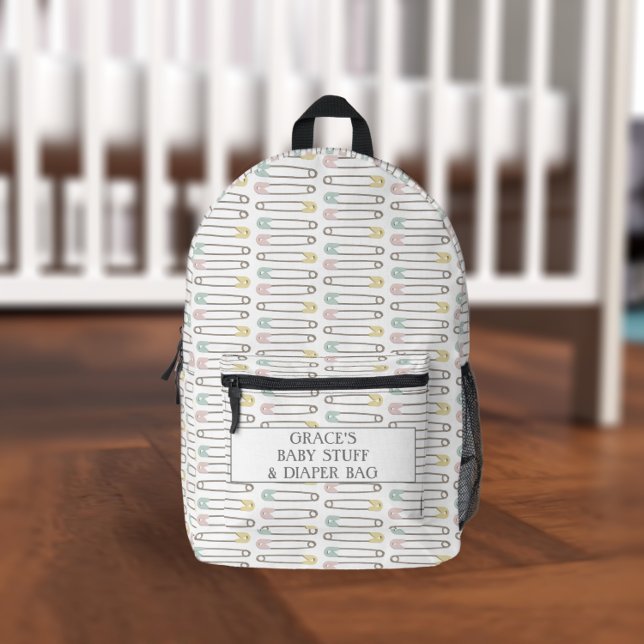 Baby Stuff Diaper Bag Gender Neutral Backpack (Fun diaper pin pattern backpack perfect for all babies and their stuff. Just add your name)