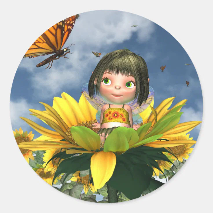 Baby Sunflower Fairy With Summer Background Classic Round Sticker Zazzle