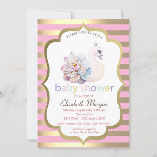 Baby Swan Flower Gold Stripe Baby Shower Invitation