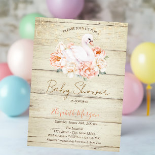 Baby Swan Flowers Wood Texture Baby Shower Invitation