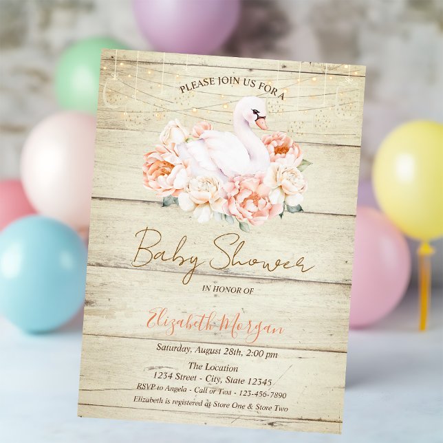 Baby Swan Flowers Wood Texture Baby Shower  Invitation (Creator Uploaded)