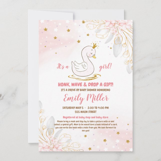 Baby swan princess drive by girl shower invitation (Front)