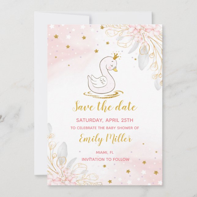 Baby swan princess girl shower save the date (Front)