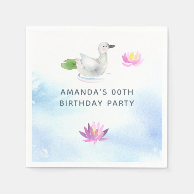 Baby Swan watercolor children's Birthday Party Napkins (Front)