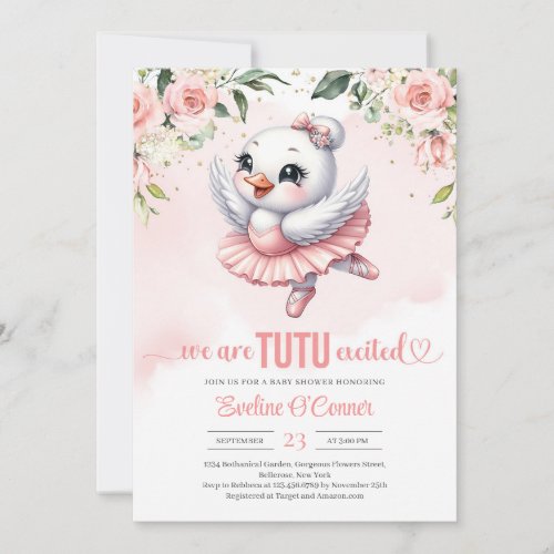 Baby swan with pink tutu dress blush and gold invitation