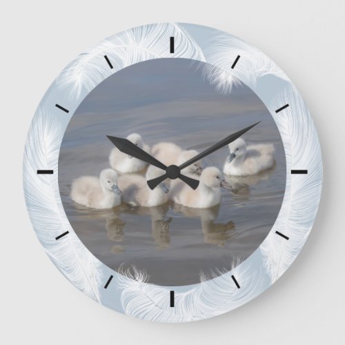 Baby Swans  Feathers Blue Wall Clock