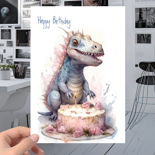 Baby T_Rex Dinosaur with Cake _ Kids Birthday Card