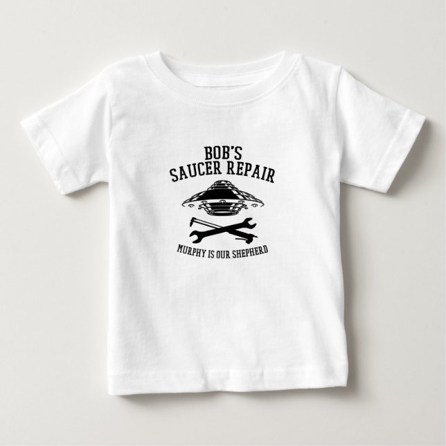 baby T-Shirt with black Bob's Saucer Repair logo (Front)