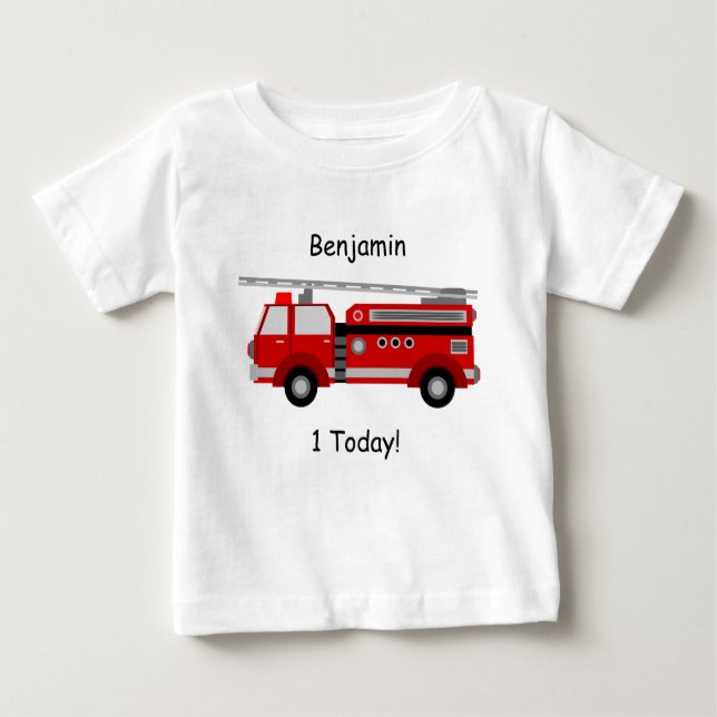 Baby t-Shirt with Fire Truck, Name and "1Today!" (Front)