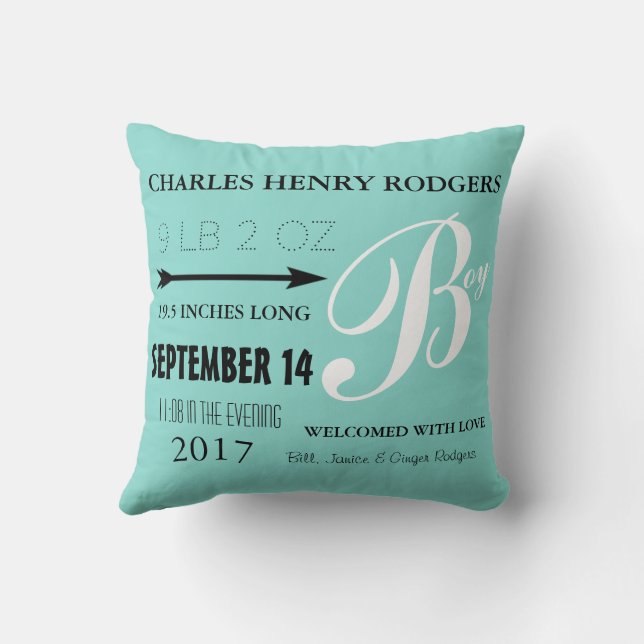 BABY Teal Blue Gender Reveal Boy Room Decor Throw Pillow (Back)