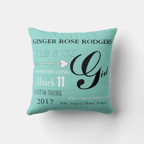 BABY Teal Blue Girl Gender Reveal Nursery Throw Pillow