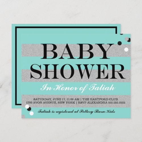 BABY Teal Blue  Silver Sprinkle Shower Party Invitation