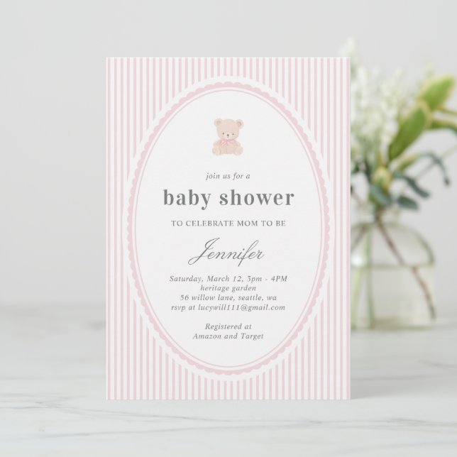Baby Teddy bear Baby shower Invitation_Pink  Invitation (Standing Front)