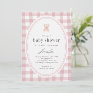 Baby Teddy bear Baby shower Pink Gingham Invitation
