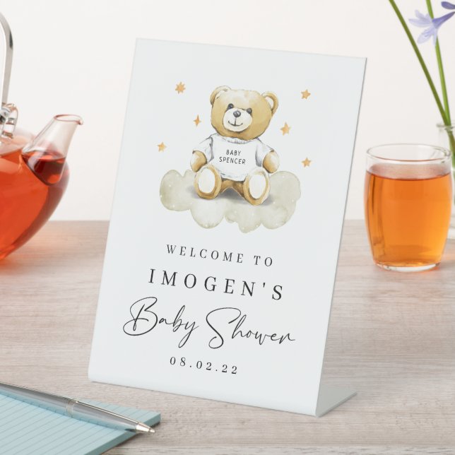 Baby Teddy Bear Baby Shower Welcome Pedestal Sign (In SItu)