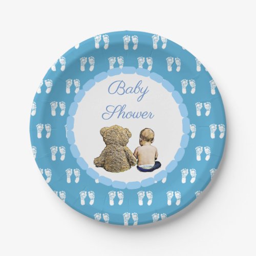 Baby  Teddy Bear Blue Footprints Baby Shower Paper Plates