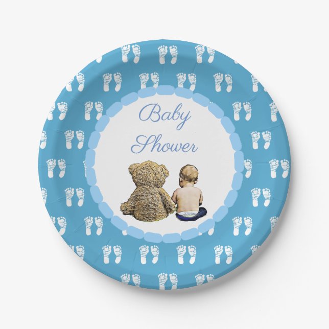 Baby & Teddy Bear Blue Footprints Baby Shower Paper Plates (Front)