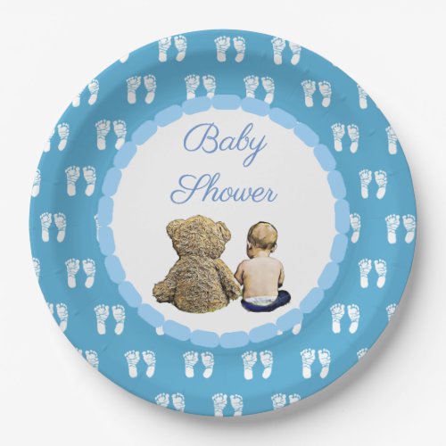 Baby  Teddy Bear Blue Footprints Baby Shower Paper Plates