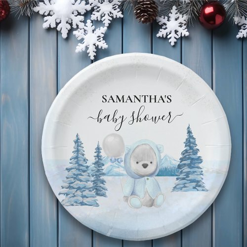 Baby Teddy Bear Christmas Winter Blue Paper Plates